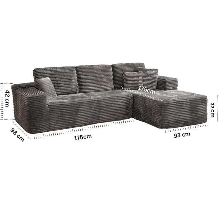 Frameless Left hand facing Plush Corded Corner Sofa with Chaise