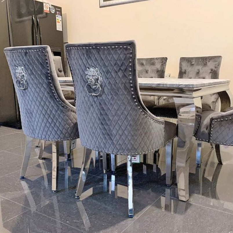 Louis Marble 1.8m , 1.5m or 1.2m Dining Table With Bentley Quilted Velvet Knocker Chairs