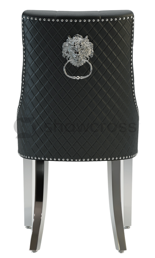 Pair of Bentley black leather knocker dining chairs lions head