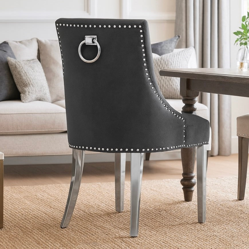 Pair of Cheshire grey velvet knocker dining chairs