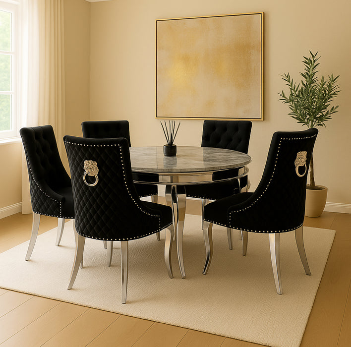Louis Round 130Cm Marble Table With 4 Bentley Black lion Knocker Chairs