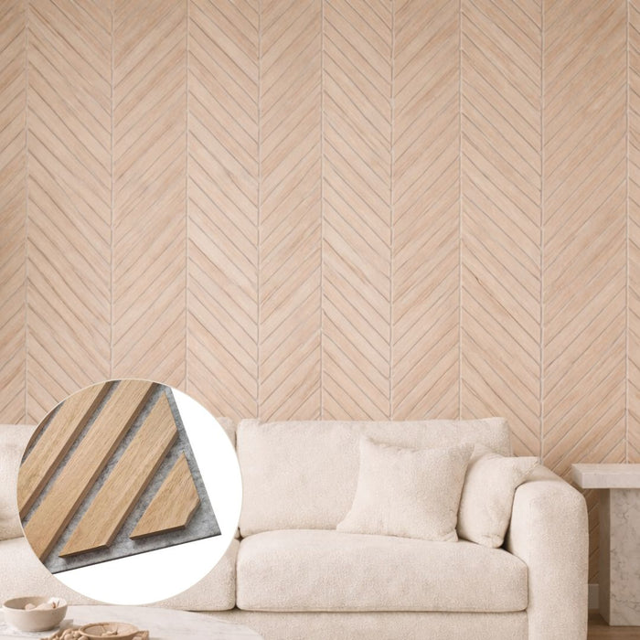 Chevron Natural Wood on Grey felt Acoustic Premier 3 Sided wooden wall Panel 2400mm x 600