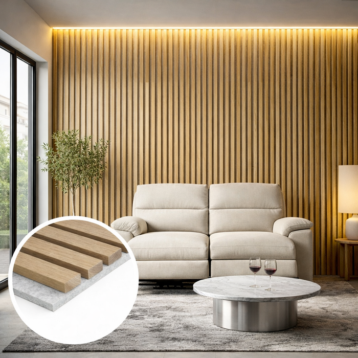 Oak on Grey felt Acoustic Premier 3 Sided wooden wall Panel 2400mm x 640mm x 21mm