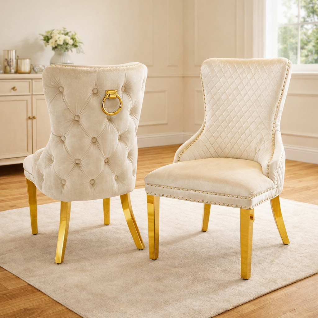 Pair of Victoria Cream Velvet Ring knocker Dining Chairs