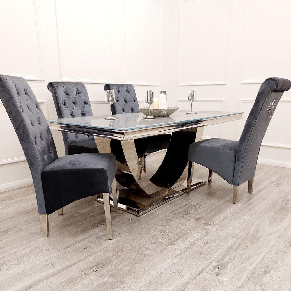 Black Friday deal Denver Marble 1.8M Dining Table With Shimmer Grey Lucia Quilted Velvet Knocker Chairs