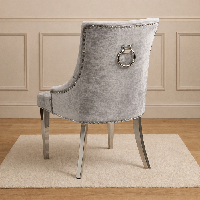 Pair of Jessica Dining Ring Knocker Chairs in Silver Pewter Fabric