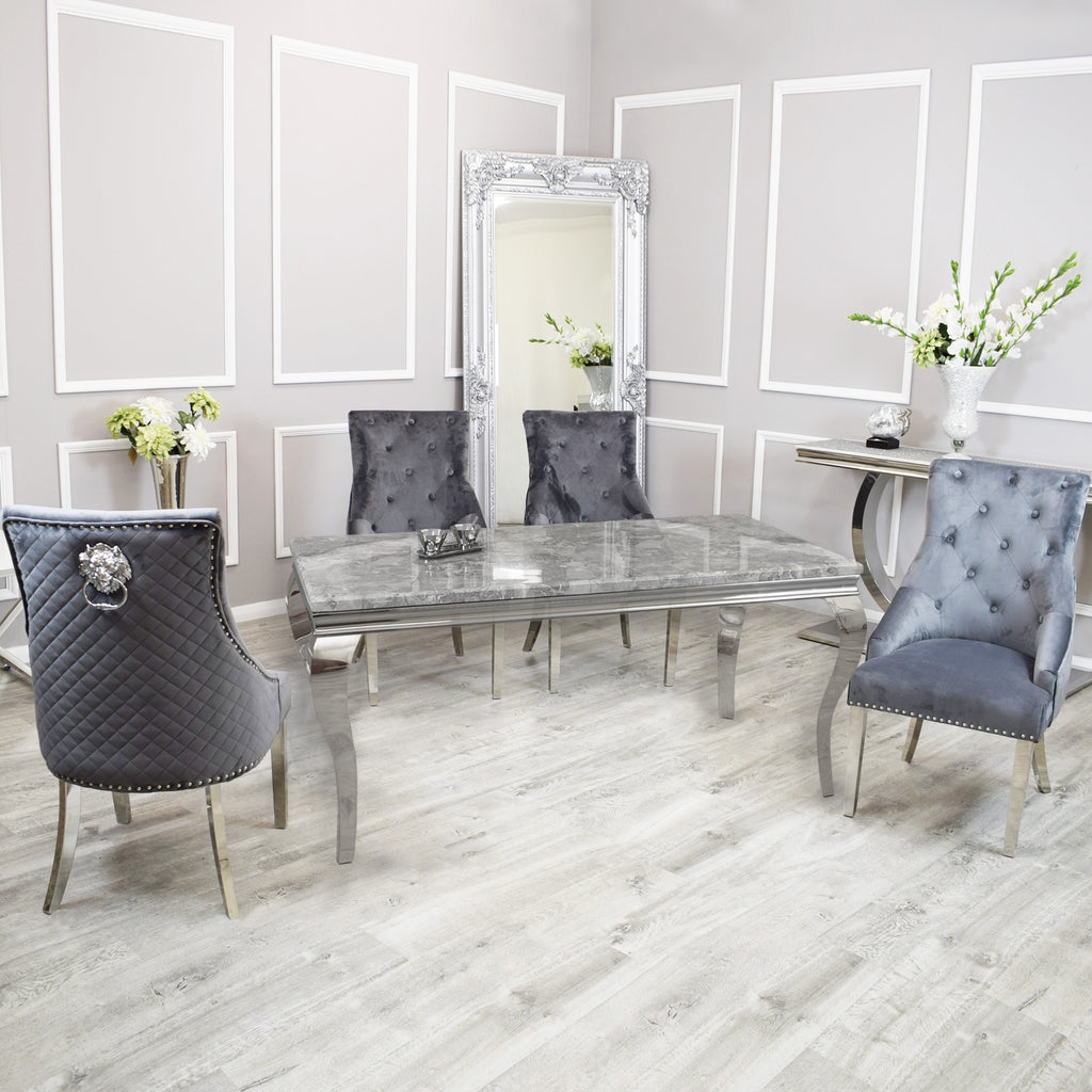 Black Friday deal Louis Marble 1.8M Dining Table With Grey Bentley Quilted Velvet Knocker Chairs