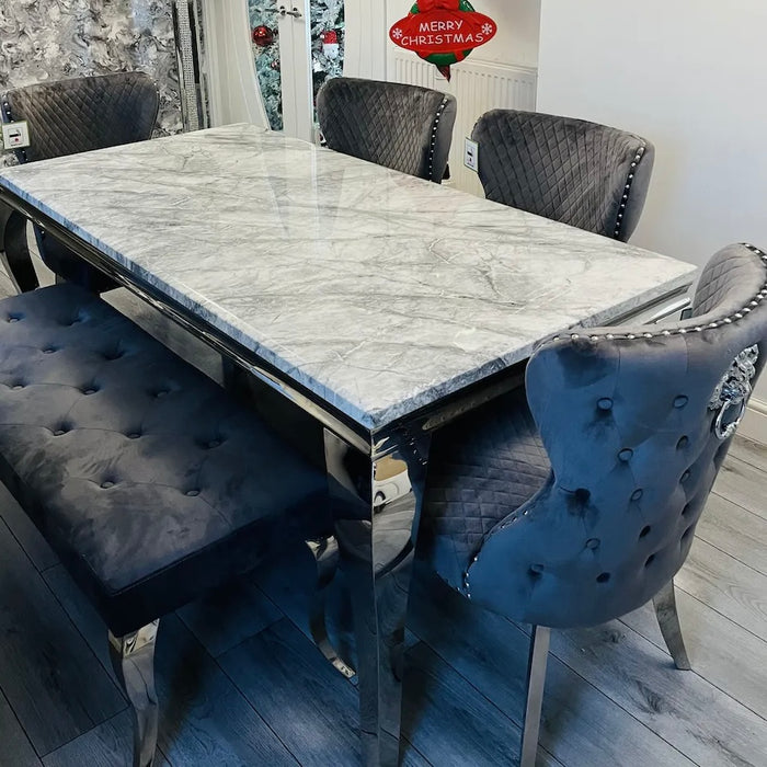 Luxury Louis Marble Dining Set With Lewis Velvet Dining Chairs In Grey Velvet