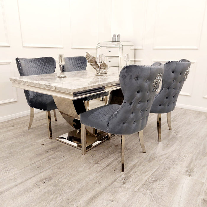 Black Friday deal Denver Marble 1.8M Dining Table With Grey Lucia Chelsea Lion Velvet Knocker Chairs