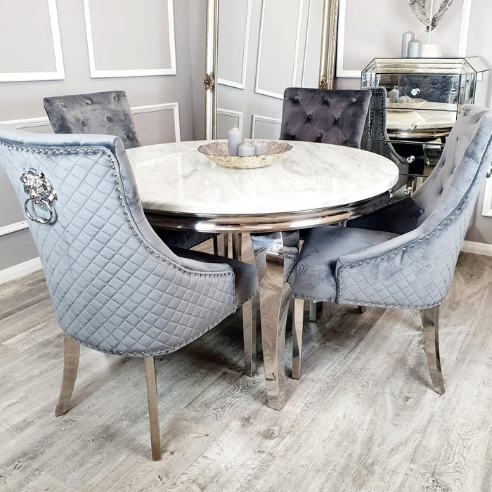 Louis Round 130Cm Marble Table With 4 Bentley lion Knocker Velvet Back Chairs