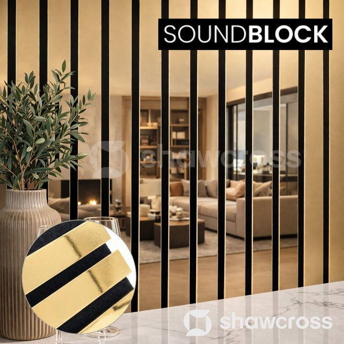 Extra Wide Gold Effect Acoustic Premium slatted wooden felt back wall Panels 2400mm x 600m x18mm