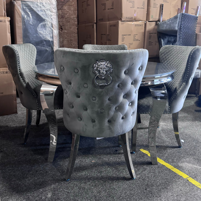 Louis grey glass 130Cm Round Dining Set With 4 grey Lewis Button Back Lion Chairs