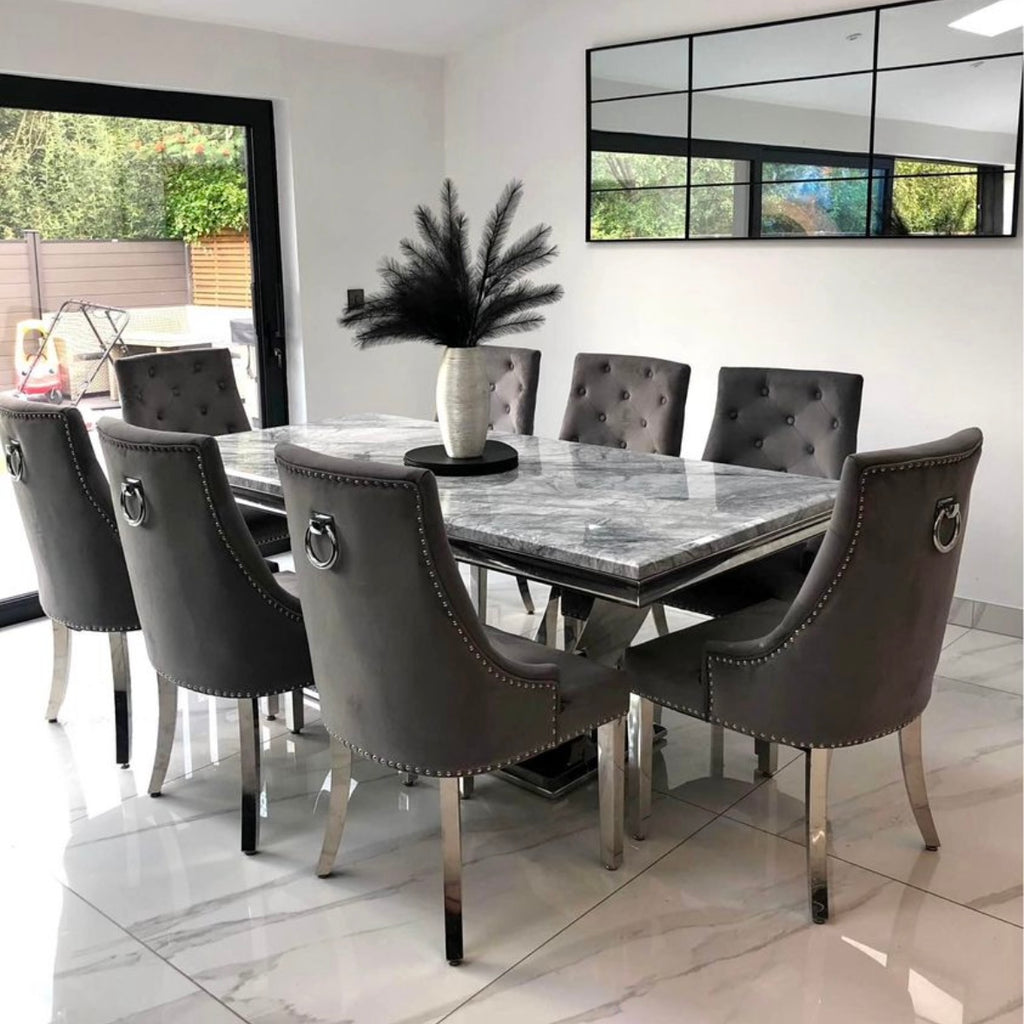 Denver Marble 2mx1m  Dining Table With 8 Cheshire Velvet Dining Chairs