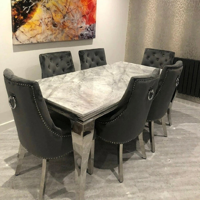 Louis Luxury Marble Dining Table And Cheshire Velvet Knocker Chairs