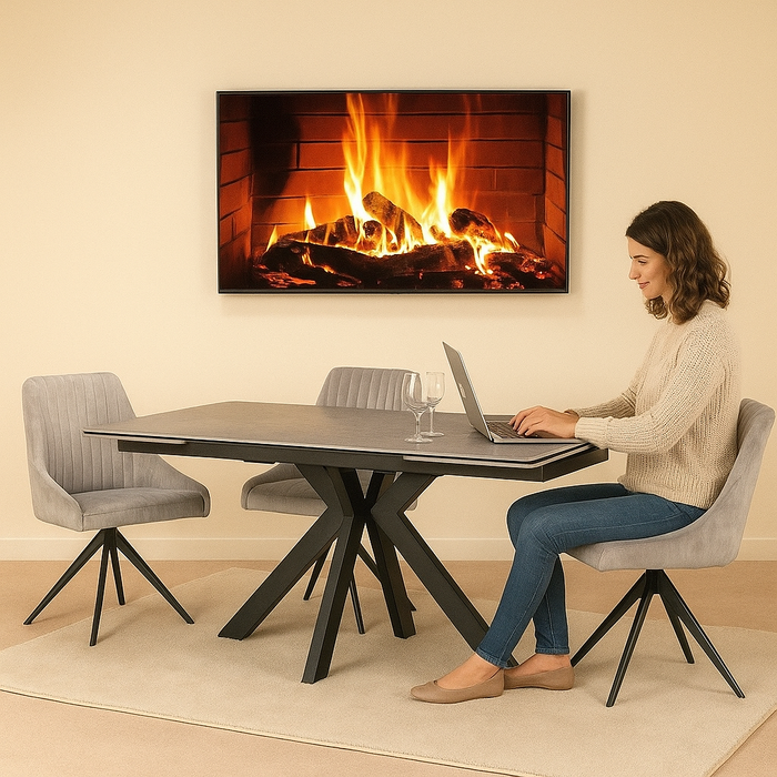 Obsidian Ceramic Extending table with 360 spin chairs dining set