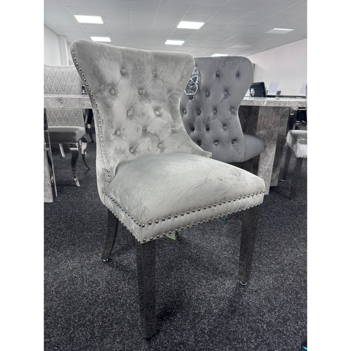 Pair of Mayfair dining chair with lions head in plush grey fabric