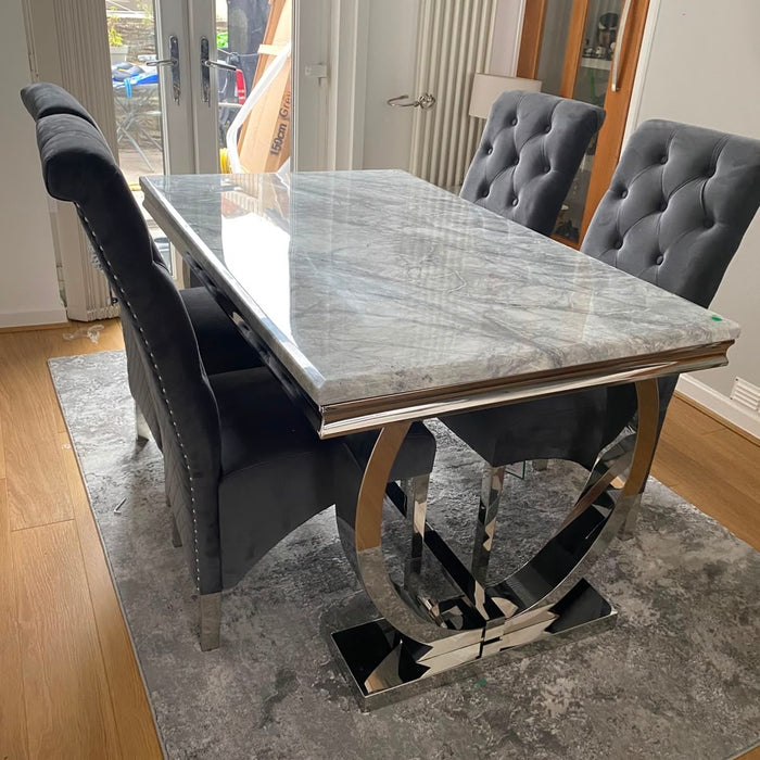 Ariana Marble 1.8M Dining Table With Grey Lucia Quilted Velvet Knocker Chairs