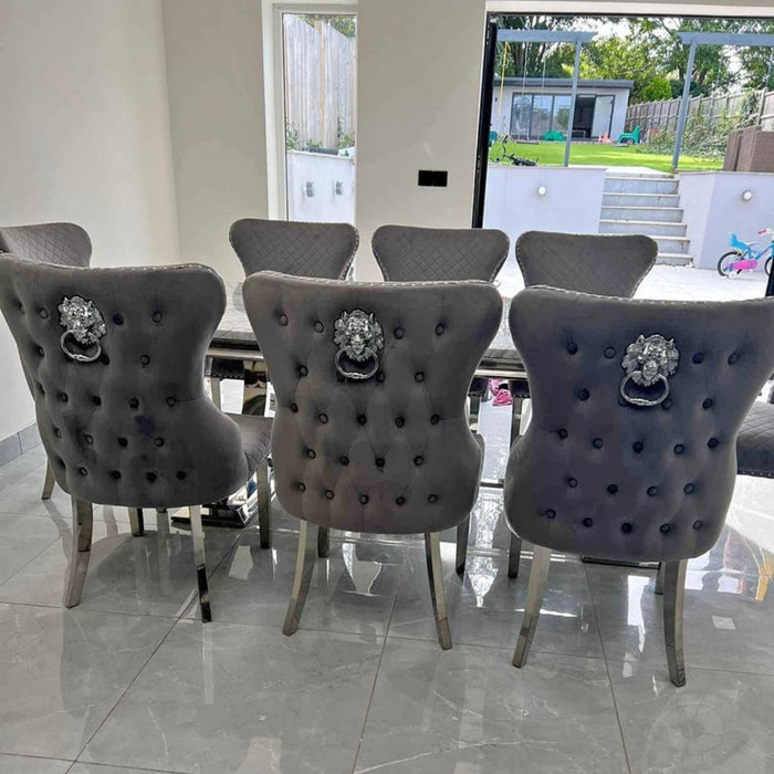 Ariana Marble metre dining table with velvet Lewis dining chairs w