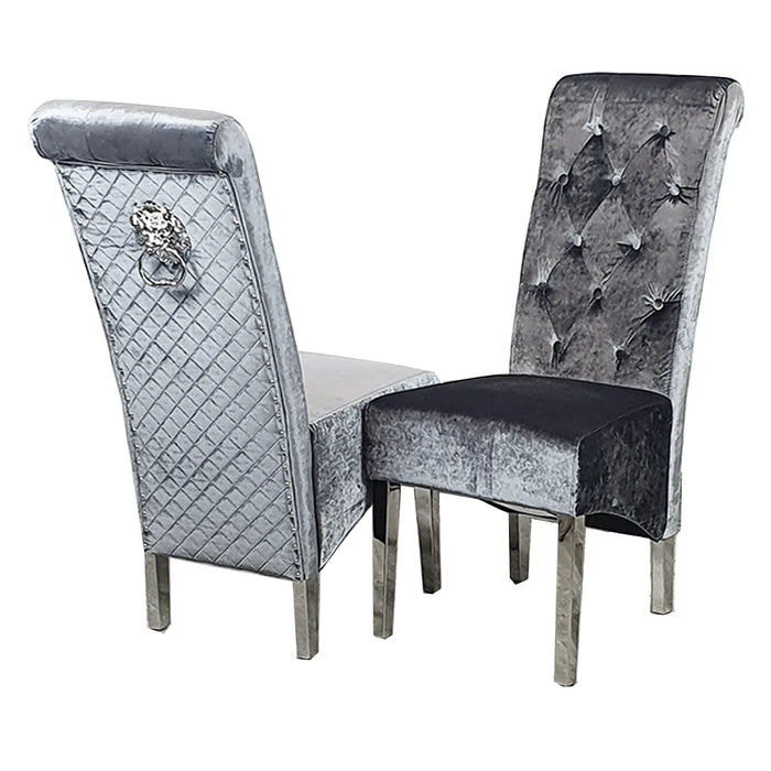 Pair Of Lucia Pewter Silver Shimmer Velvet Quilted Lion Knocker Dining Chairs