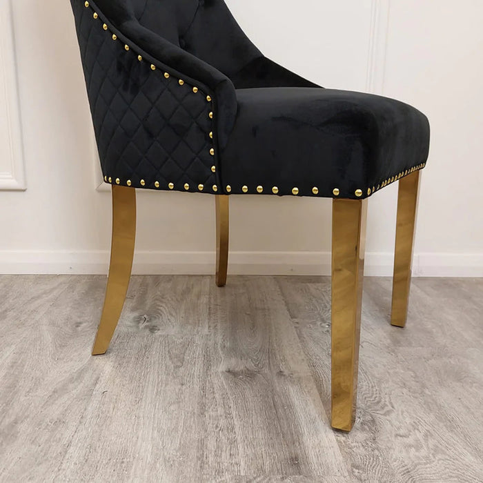 2 x Bentley Black Quilted Back Gold Lion Knocker Dining Chairs