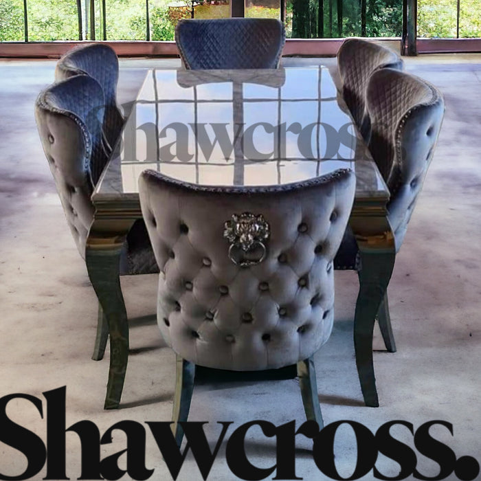 Louis Marble Dining Set With Lewis dark grey Lion Button Back Dining C