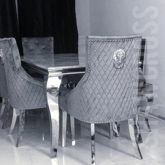 Louis Luxury Marble 1.8m ,1.5m or 1.2m Dining Table With Bentley Quilted Velvet Knocker Chairs