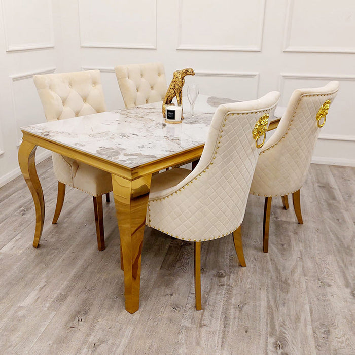 Luxury Gold Louis marble Top Dining Table With Fabric & gold Bentley Chairs