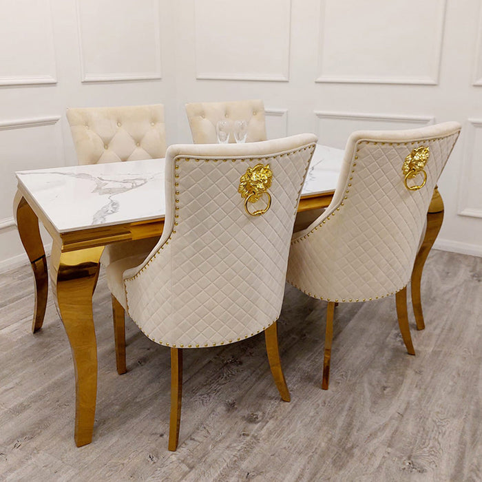 Luxury Gold Louis marble Top Dining Table With Fabric & gold Bentley Chairs