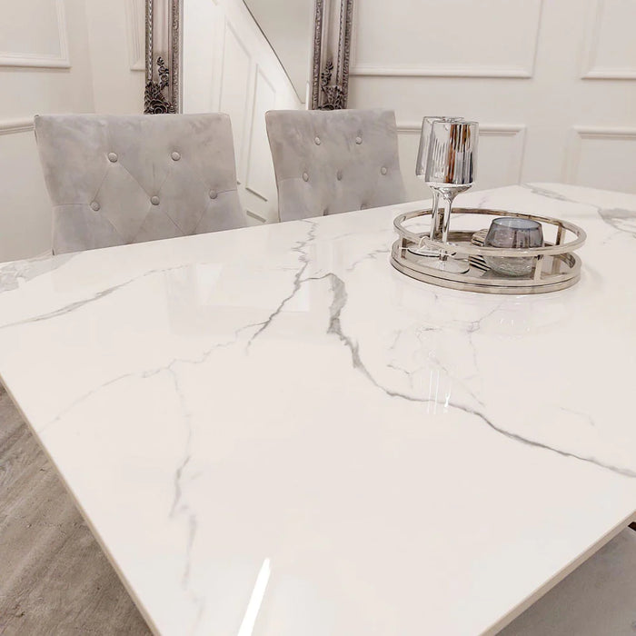 Lucian Chrome 1.6m x 90cm Dining Table with Polar white Sintered Stone Top