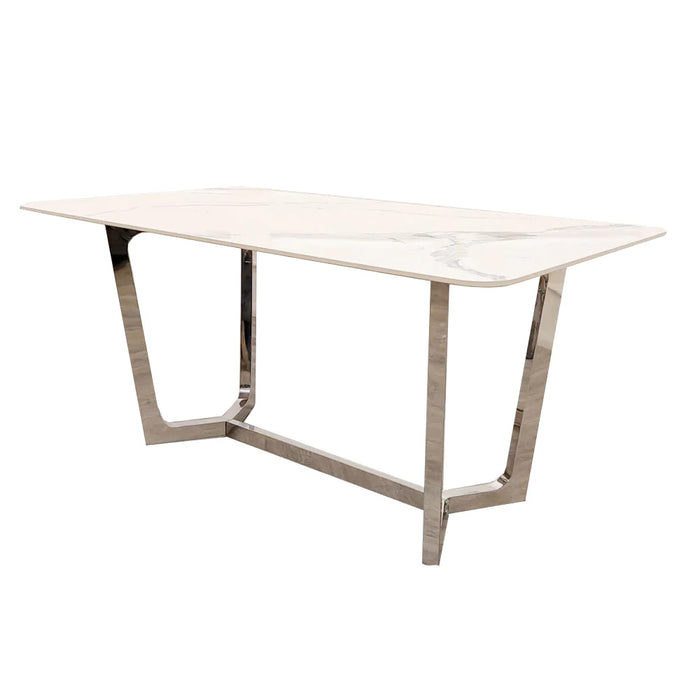 Lucian Chrome 1.6m x 90cm Dining Table with Polar white Sintered Stone Top