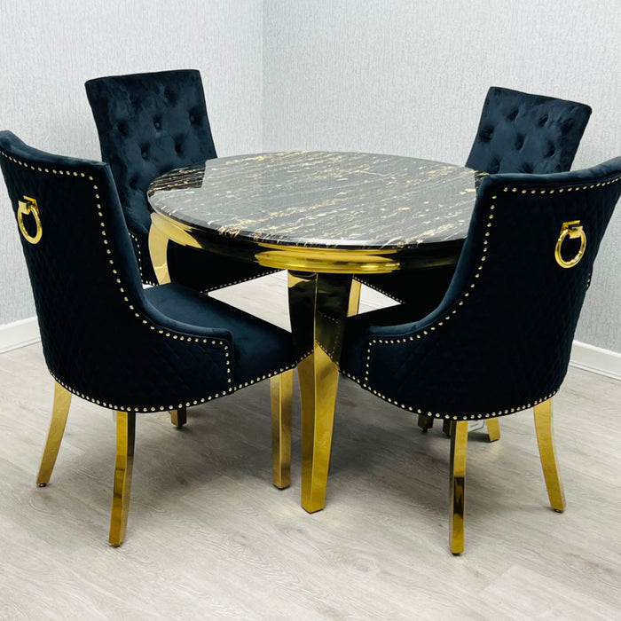 Louis 110cm Round black & Gold marble with Majestic black velvet dining chairs with rings