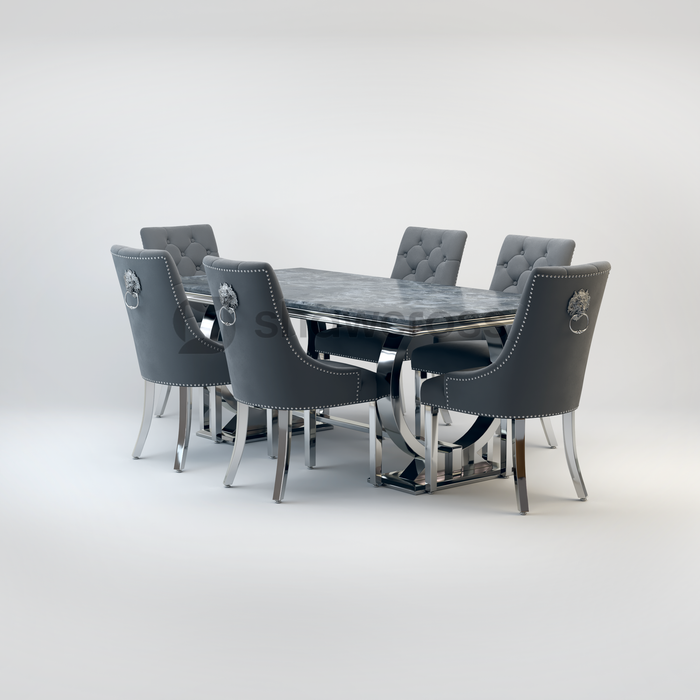 Ariana Marble 1.8M Dining Table And Cheshire Velvet Knocker Chairs