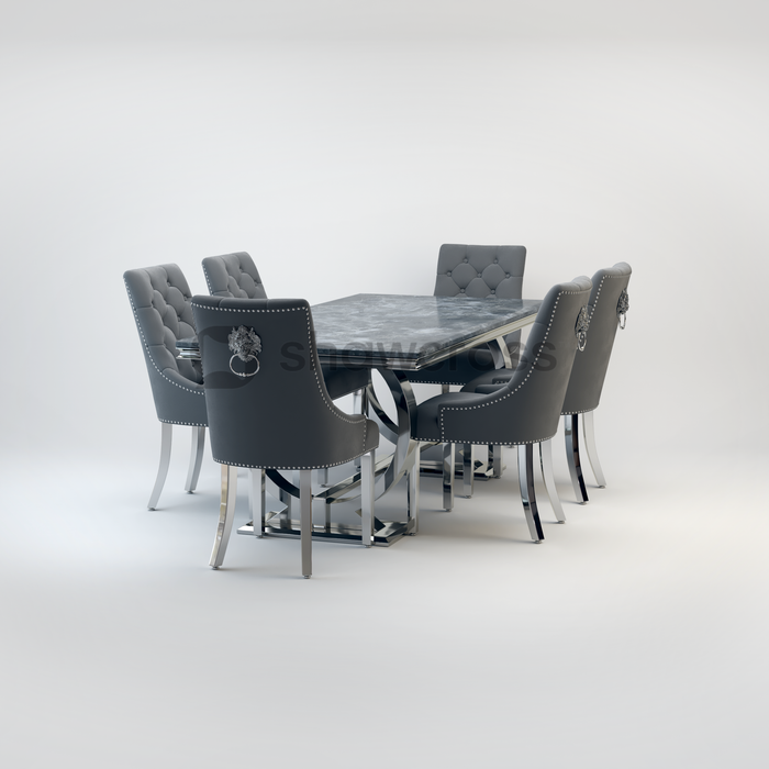 Ariana Marble 1.8M Dining Table And Cheshire Velvet Knocker Chairs