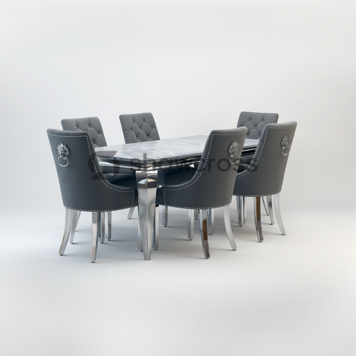 Louis Marble Dining Table And Cheshire Velvet Knocker Chairs AR
