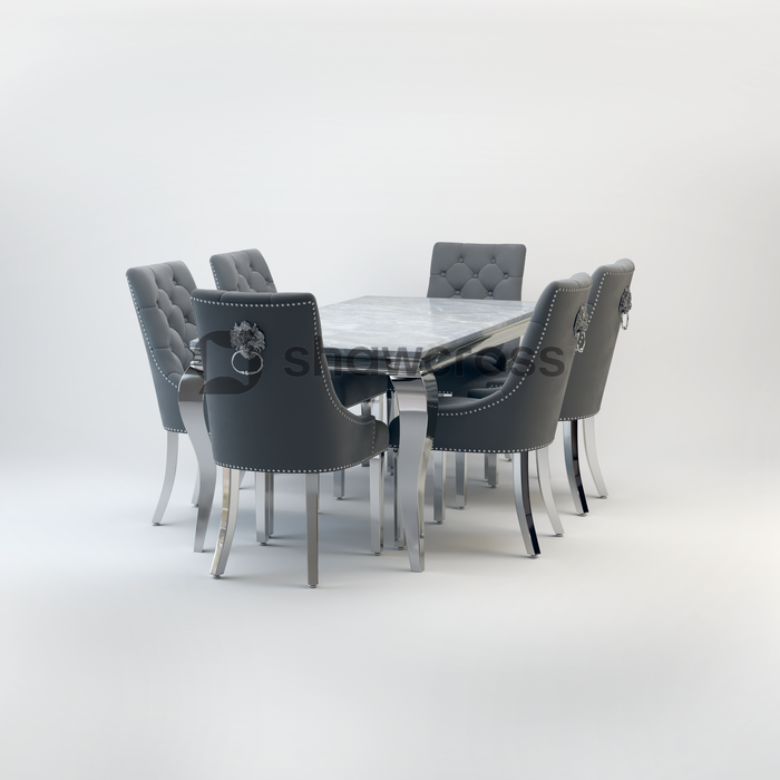 Louis Marble Dining Table And Cheshire Velvet Knocker Chairs AR