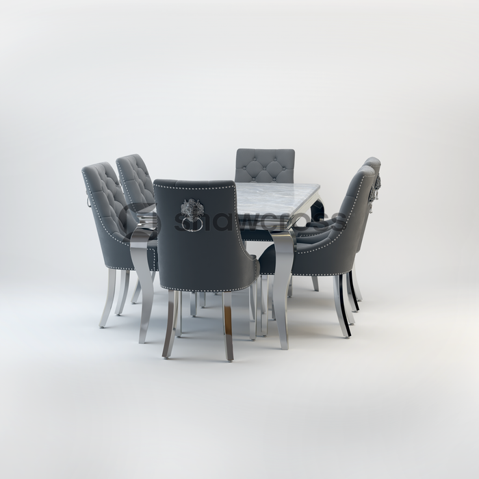Louis Marble Dining Table And Cheshire Velvet Knocker Chairs AR