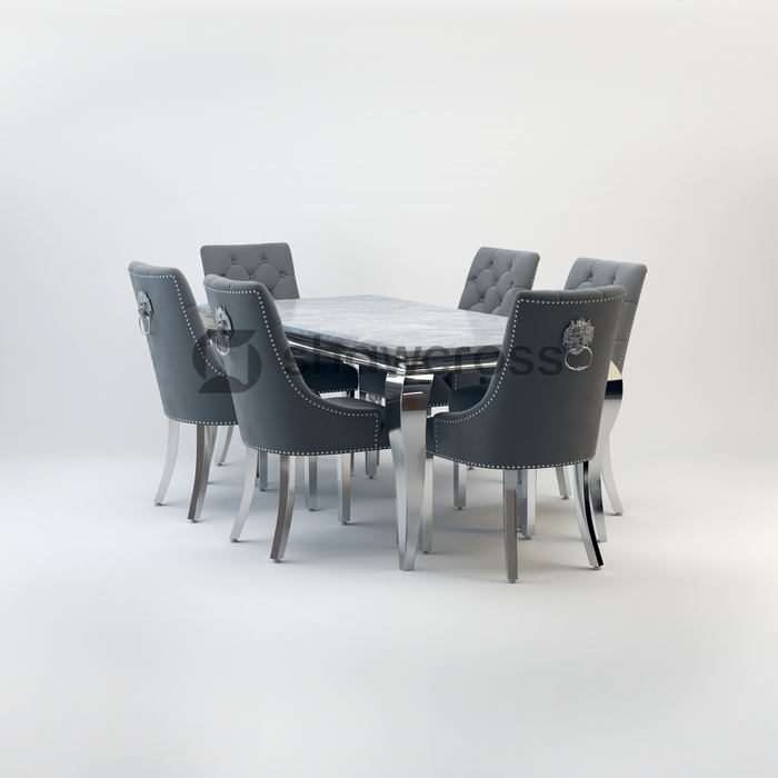 Louis Marble Dining Table And Cheshire Velvet Knocker Chairs AR