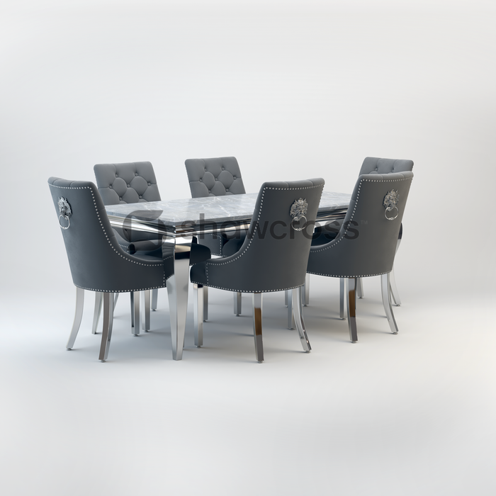 Louis Marble Dining Table And Cheshire Velvet Knocker Chairs AR
