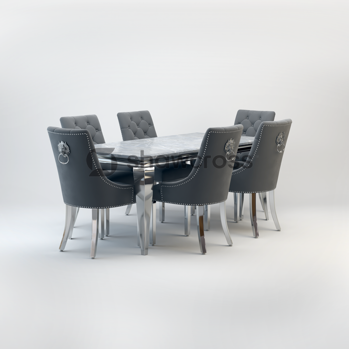 Louis Marble Dining Table And Cheshire Velvet Knocker Chairs AR