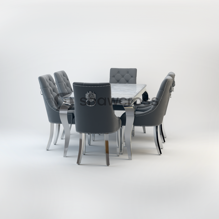 Louis Marble Dining Table And Cheshire Velvet Knocker Chairs AR