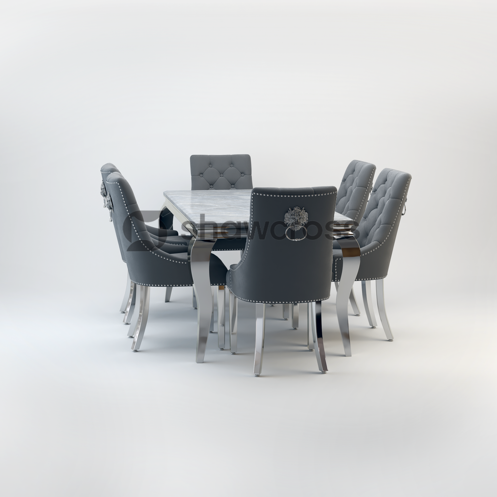 Louis Marble Dining Table And Cheshire Velvet Knocker Chairs AR