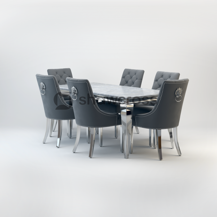 Louis Marble Dining Table And Cheshire Velvet Knocker Chairs AR