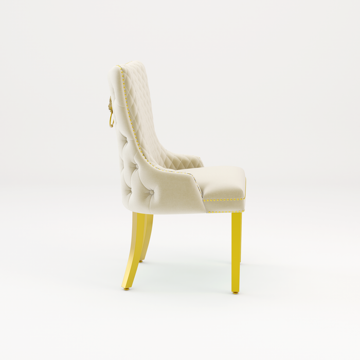 Pair of Victoria Cream Velvet Lion knocker Dining Chairs