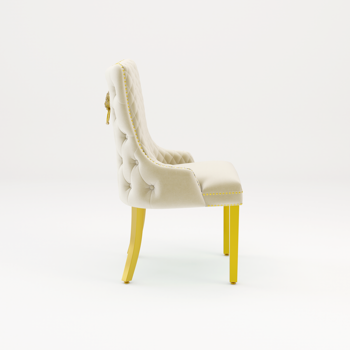 Pair of Victoria Cream Velvet Lion knocker Dining Chairs