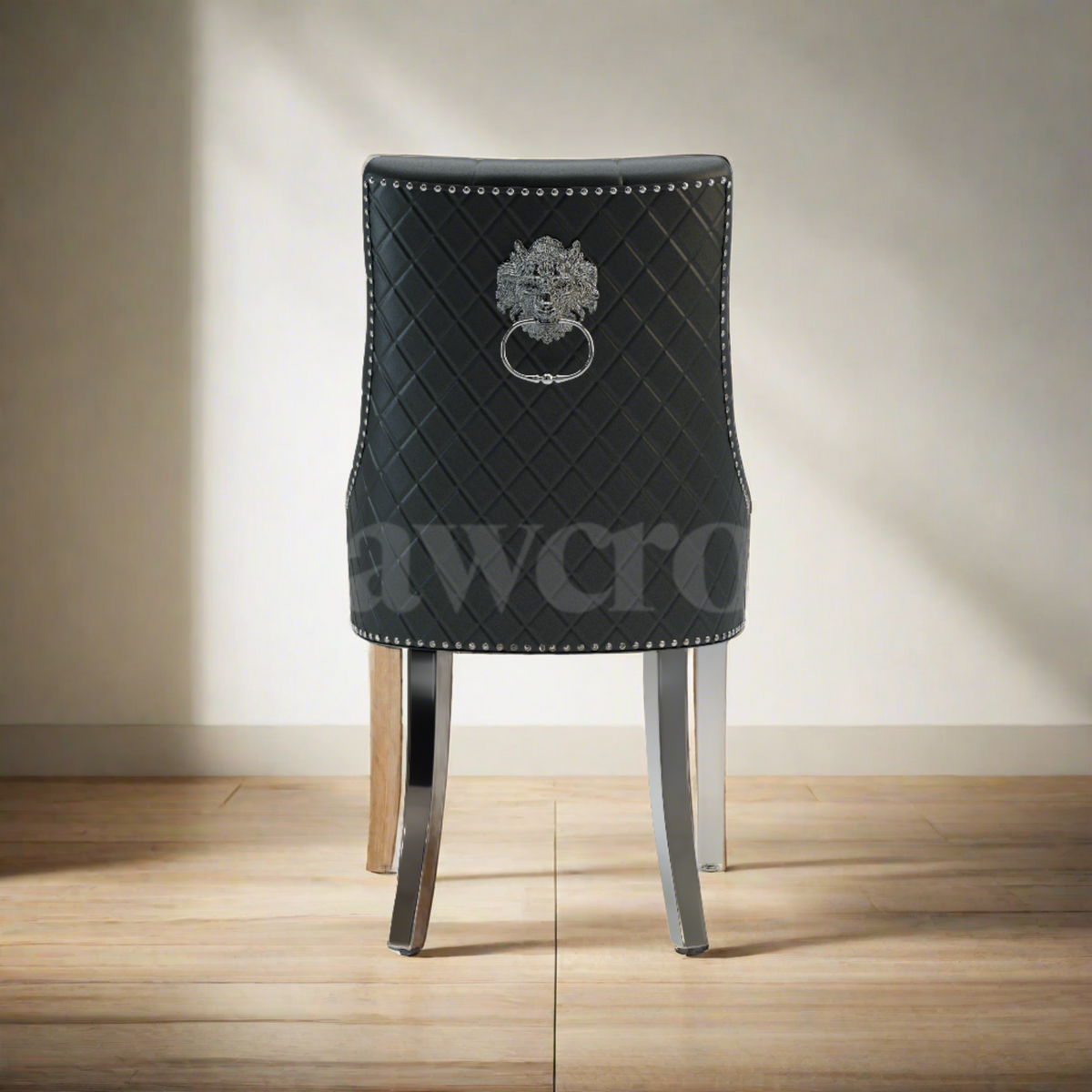 Pair of Bentley black leather knocker dining chairs lions head