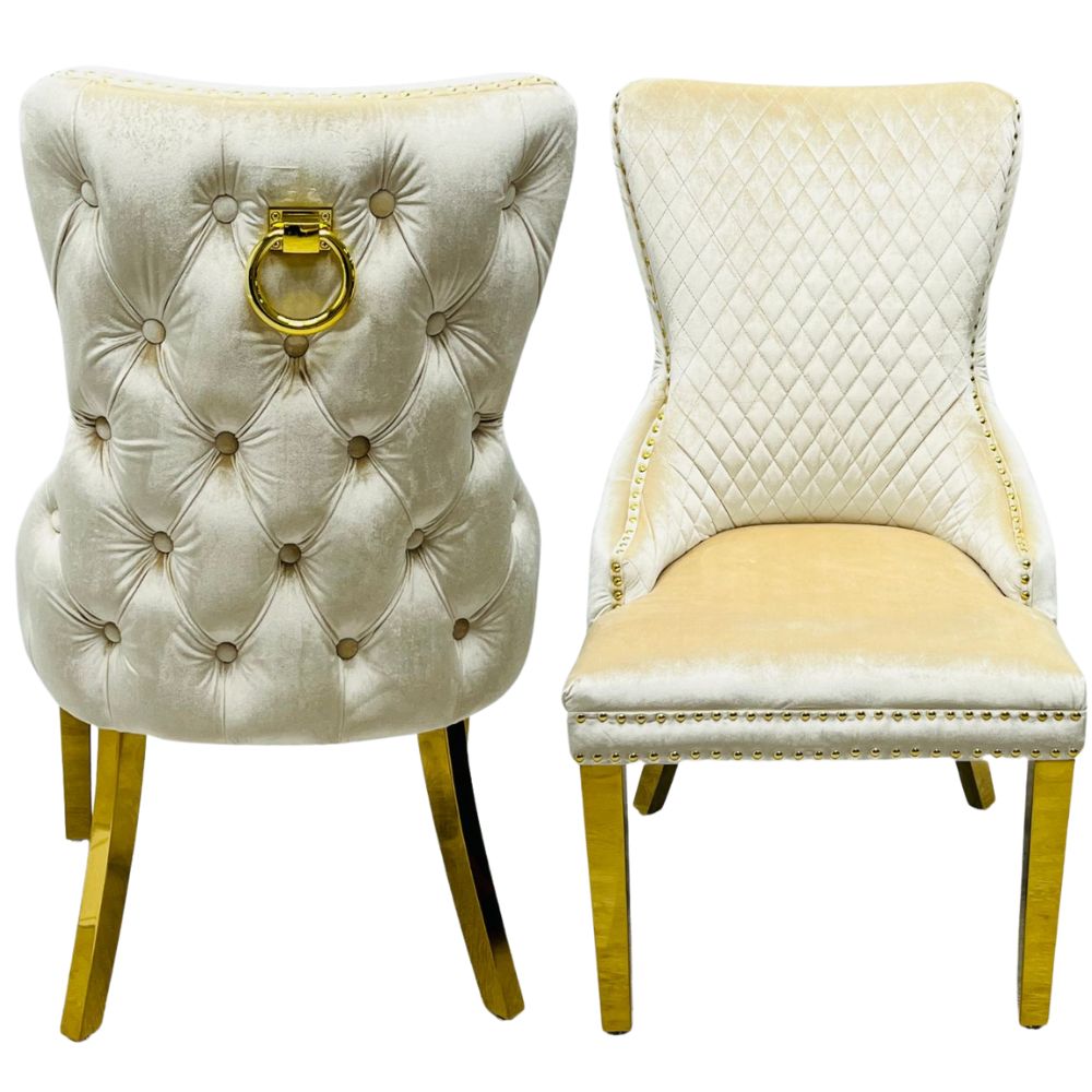 Pair of Victoria cream velvet & gold knocker dining chairs