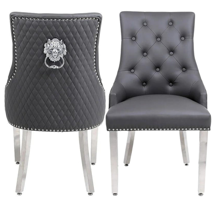 Pre-Order Pair of Bentley Dark Grey leather knocker dining chairs with lions head