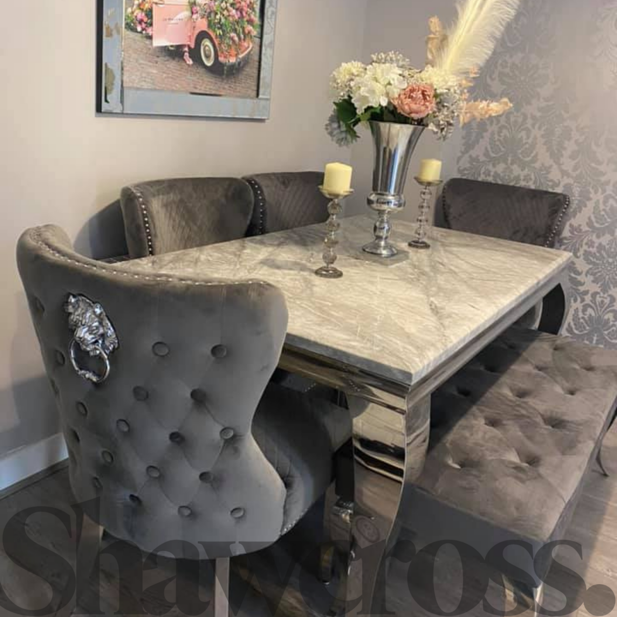 Luxury Louis Marble Dining Set With Lewis Velvet Dining Chairs In Grey