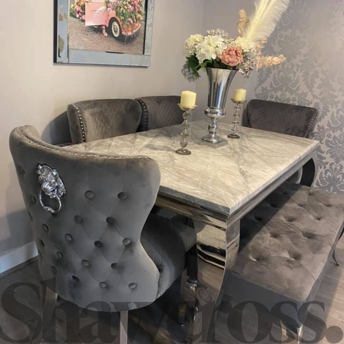 Luxury Louis Marble Dining Set With Lewis Velvet Dining Chairs In Grey Velvet