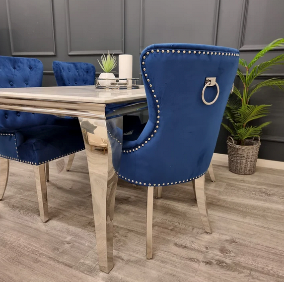 Louis Marble Dining Table And Blue Megan Knocker Chairs